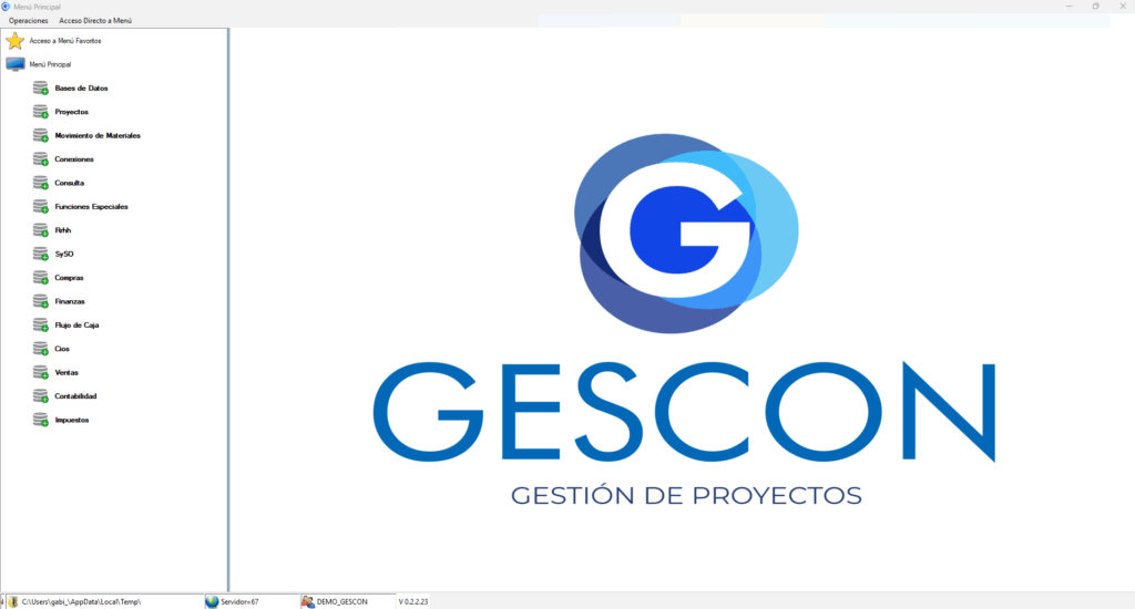 Menú principal de GESCON ERP con todos sus módulos