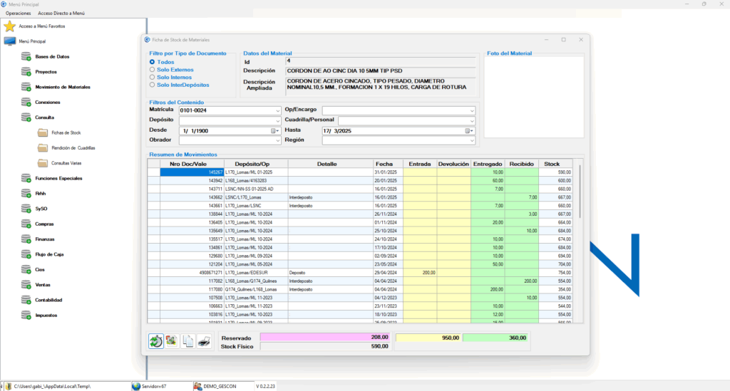Ficha de stock de materiales