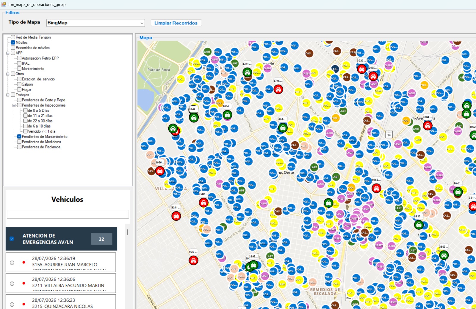 Mapa de operaciones de GESCON ERP con recorridos en tiempo real