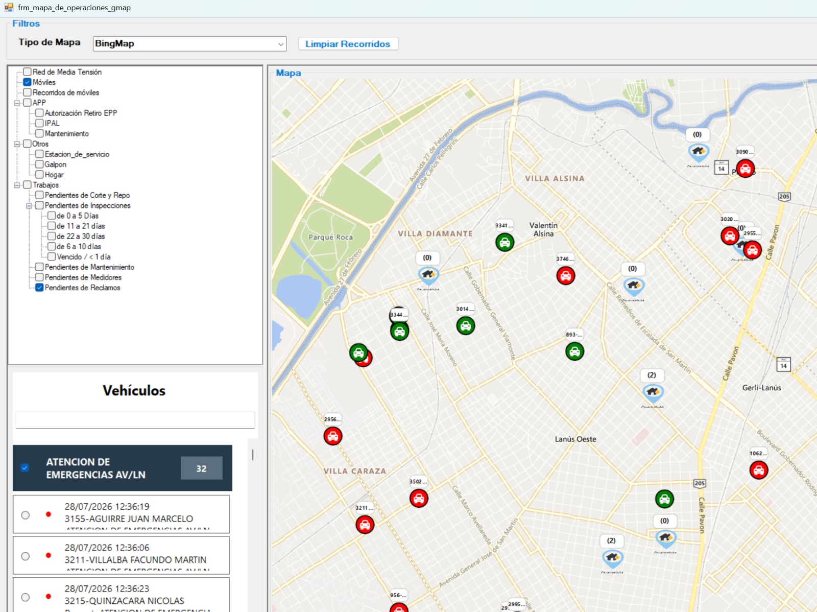 Filtros por vehículo en el mapa de operaciones